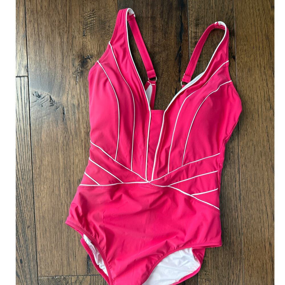 Profile by Gottex Hot Pink One Piece Swimsuit Sz 10 Low Cut Shaping Resort Chic